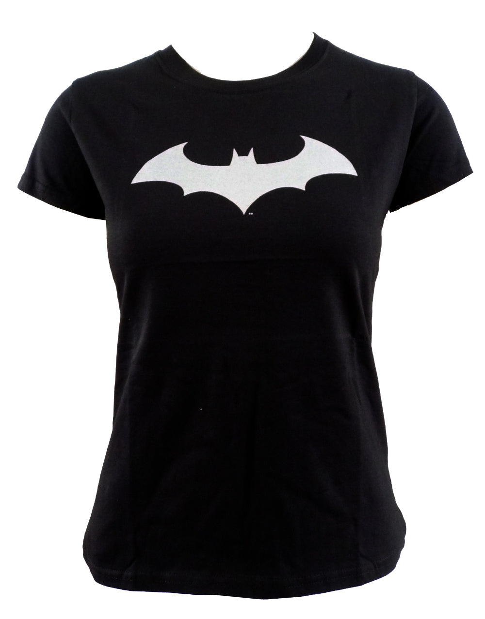 Batman silver sleek logo graphic on a black women's t-shirt.