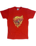 The Flash sprint graphic on a red adult t-shirt.