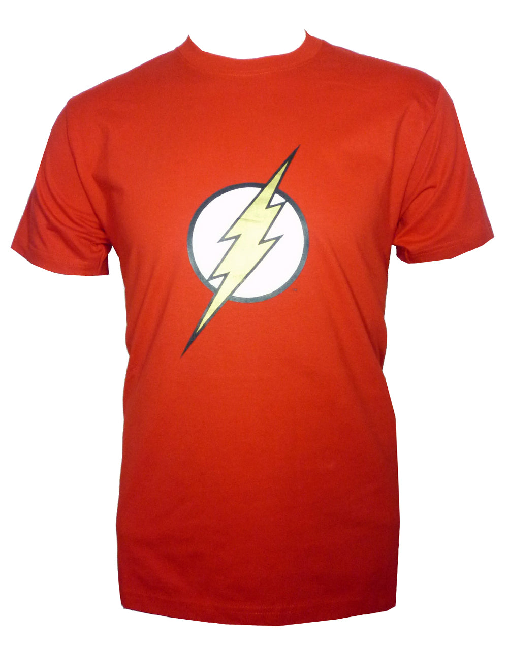 The Flash symbol graphic on a red adult t-shirt.