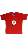 The Flash logo graphic on a red kids t-shirt.