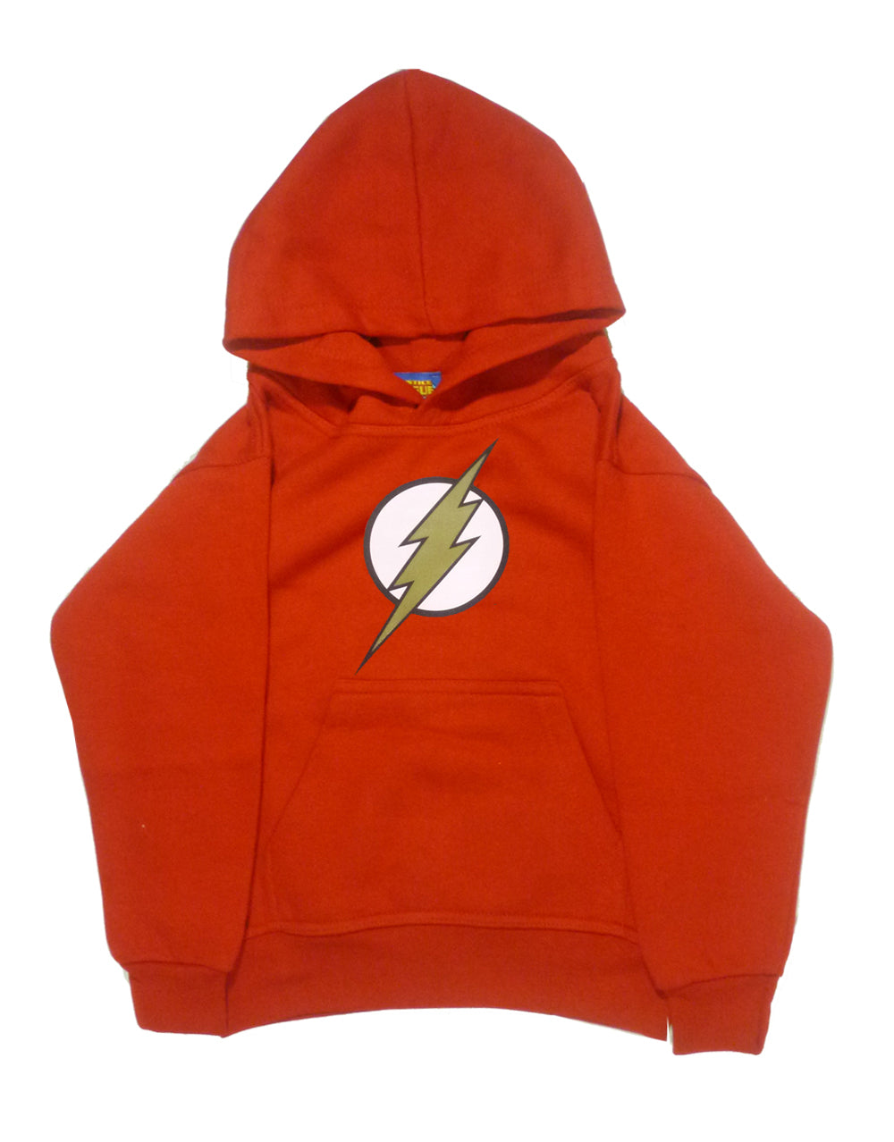 The Flash logo graphic on a red kids hoodie.