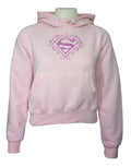 Supergirl vintage logo graphic on a pink women's hoodie.