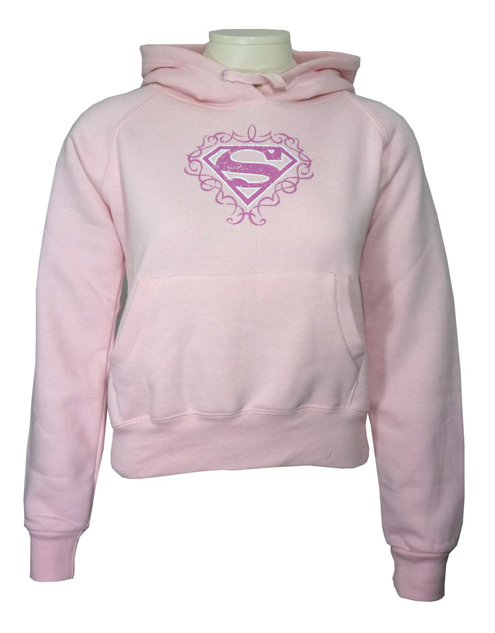 Supergirl vintage logo graphic on a pink women's hoodie.