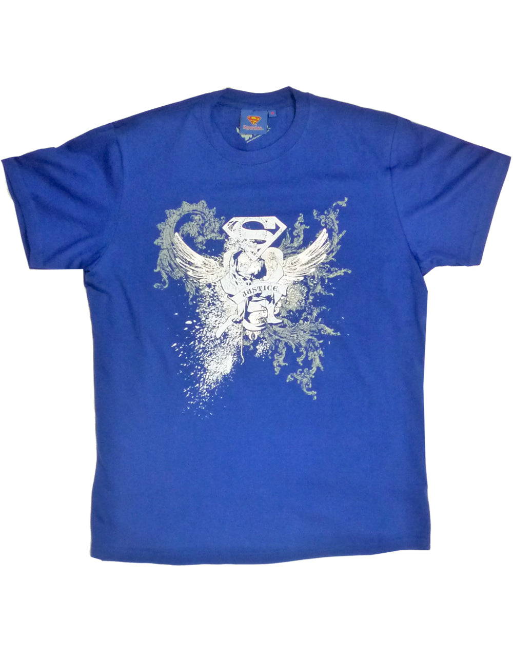 Superman wings graphic on a blue adult t-shirt.