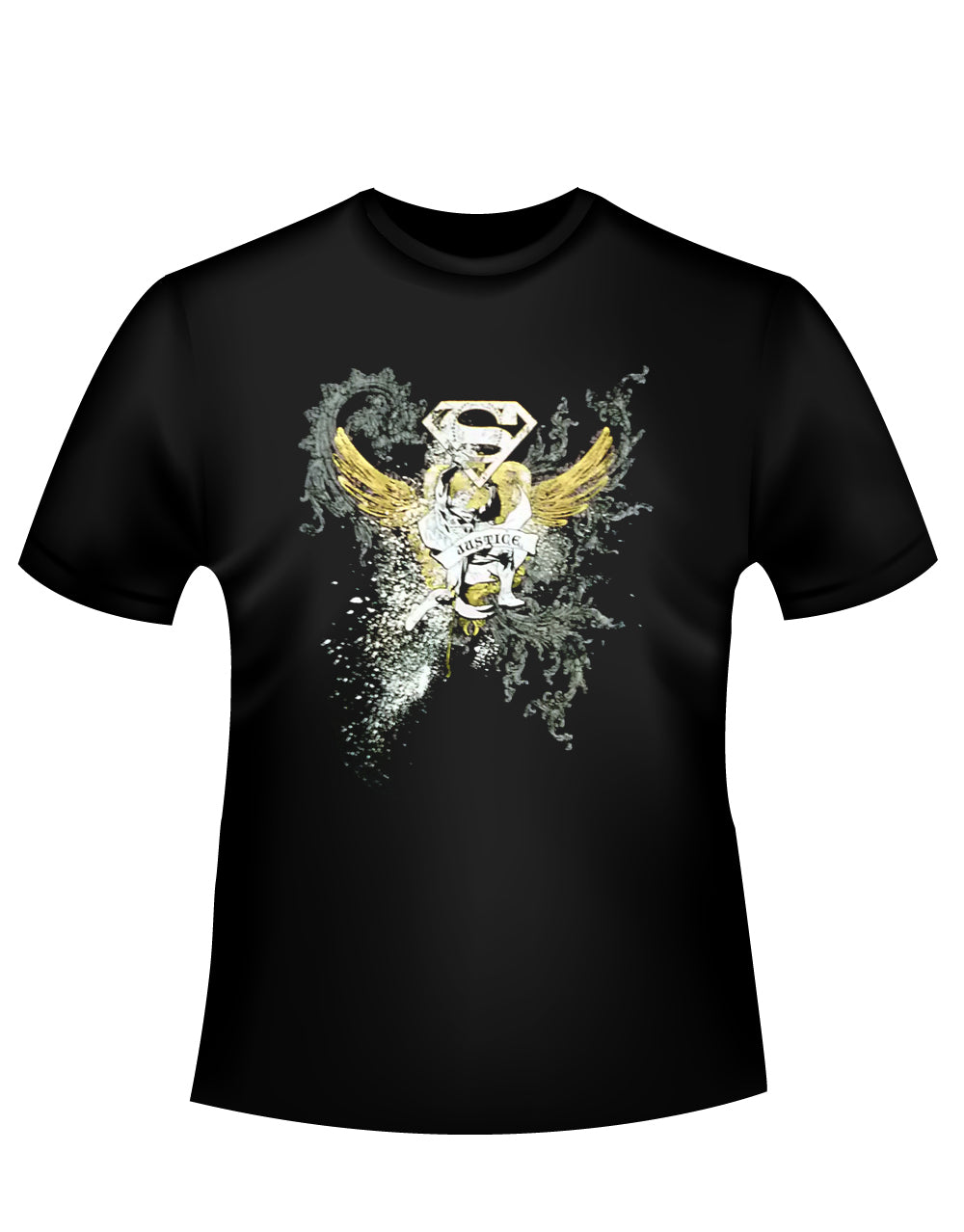 Superman wings graphic on a black adult t-shirt.