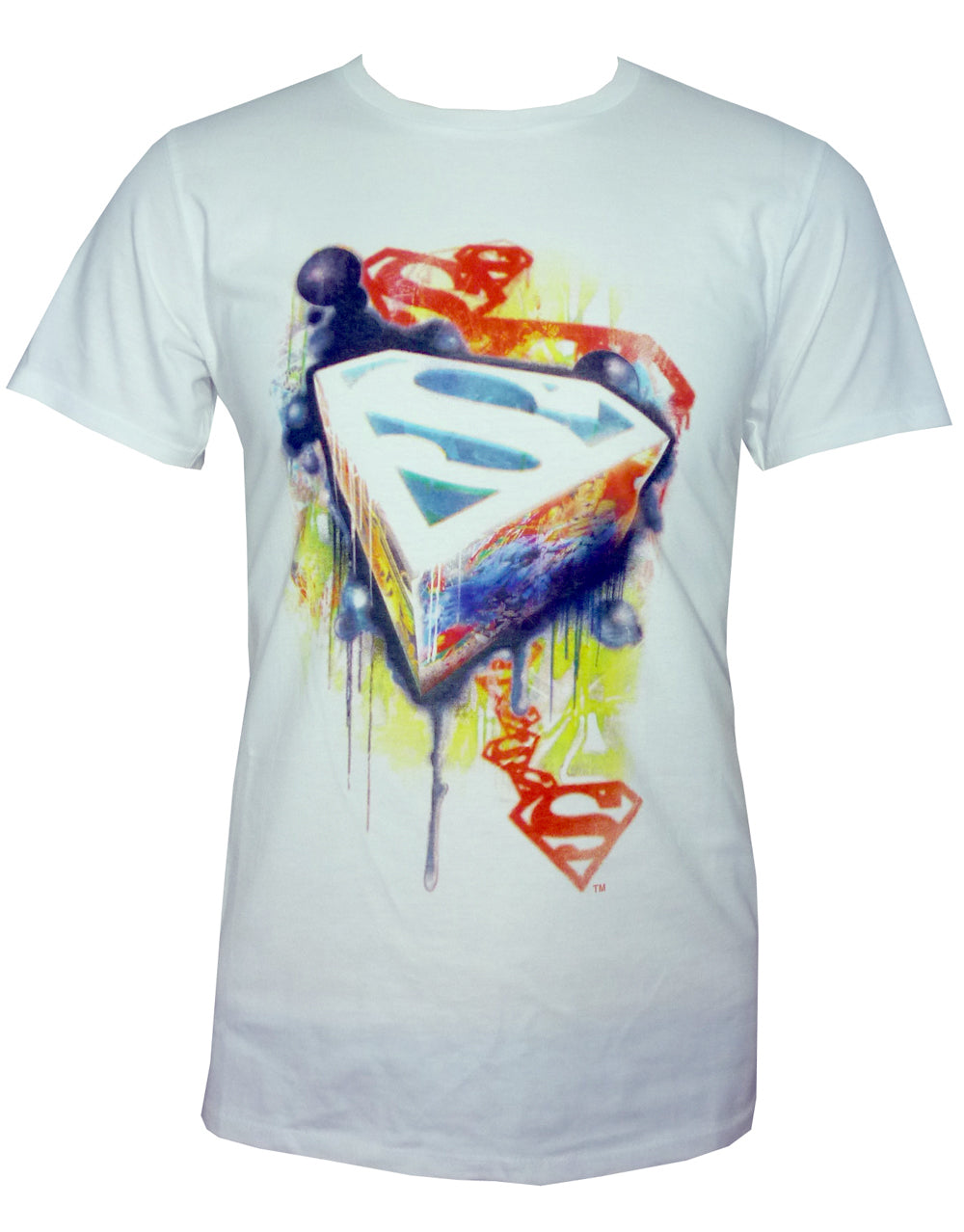 Superman symbol graphitti graphic on a white adult t-shirt.