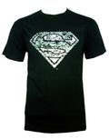 Superman distressed foil graphic on a black adult t-shirt.
