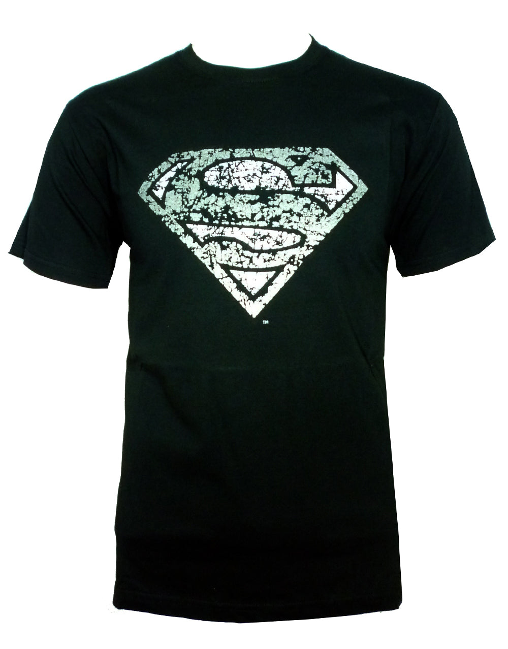 Superman distressed foil graphic on a black adult t-shirt.
