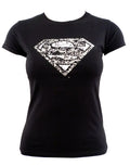 Supergirl distressed foil symbol graphic on a black women's t-shirt.