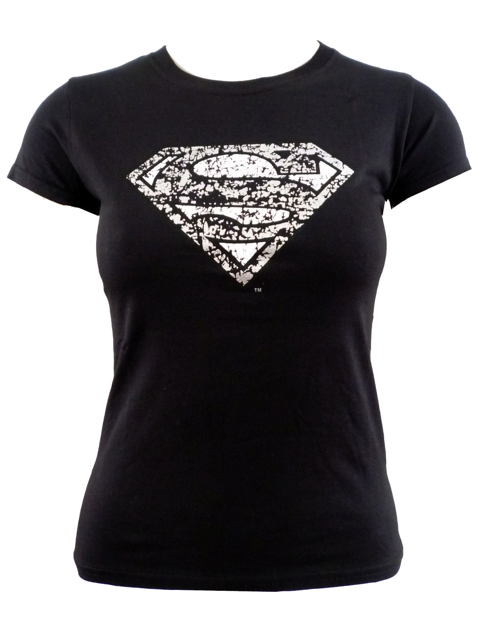 Supergirl distressed foil symbol graphic on a black women's t-shirt.