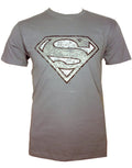 Superman distressed foil graphic on a grey adult t-shirt.