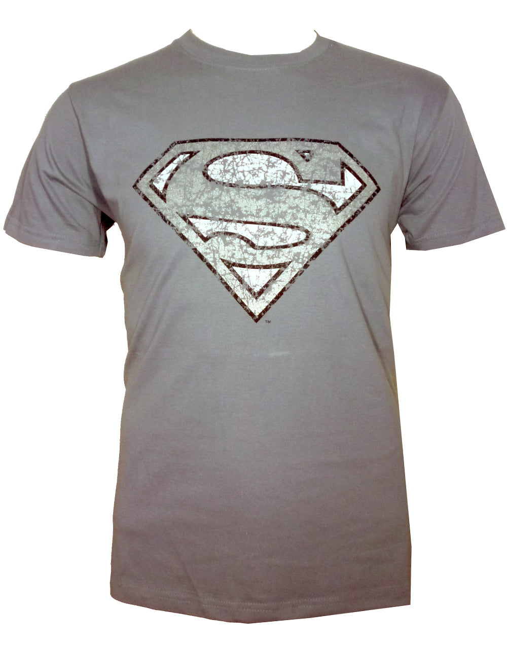 Superman distressed foil graphic on a grey adult t-shirt.