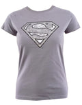 Supergirl distressed foil symbol graphic on a grey women's t-shirt.