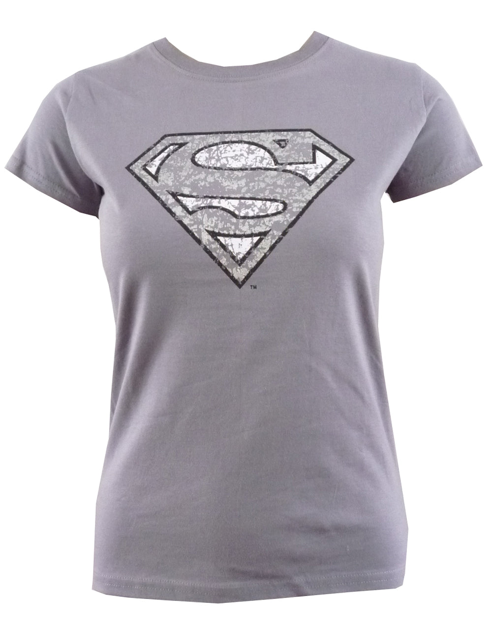 Supergirl distressed foil symbol graphic on a grey women's t-shirt.