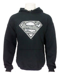 Superman classic distressed logo graphic on a black adult hoodie.