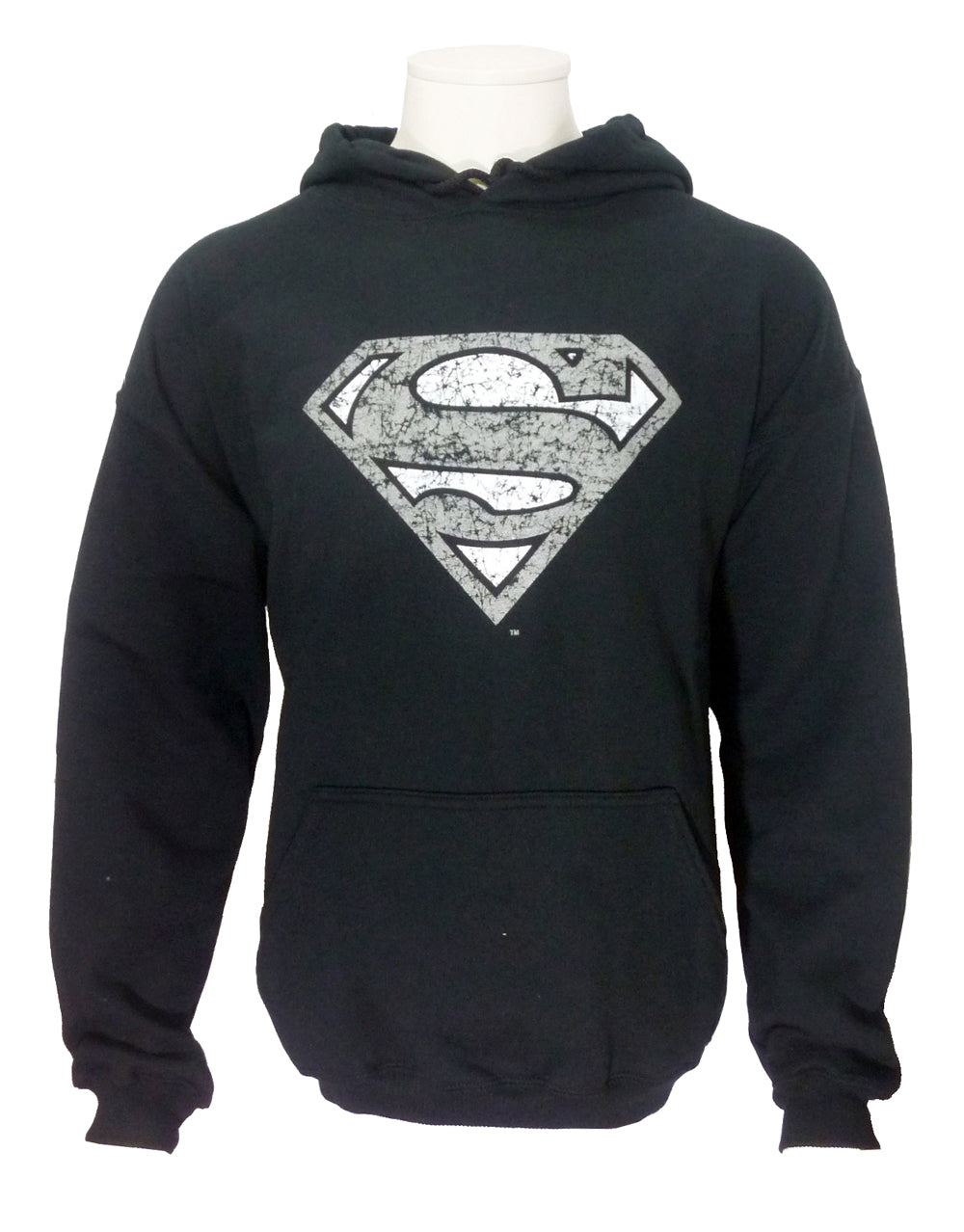 Superman classic distressed logo graphic on a black adult hoodie.