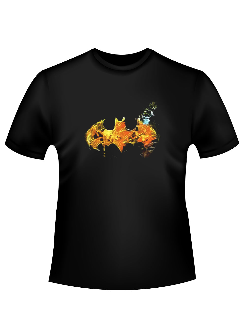 Batman saturated graphic on a black adult t-shirt.