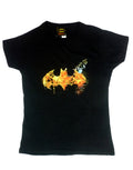 Batman saturated logo graphic on a black women's t-shirt.
