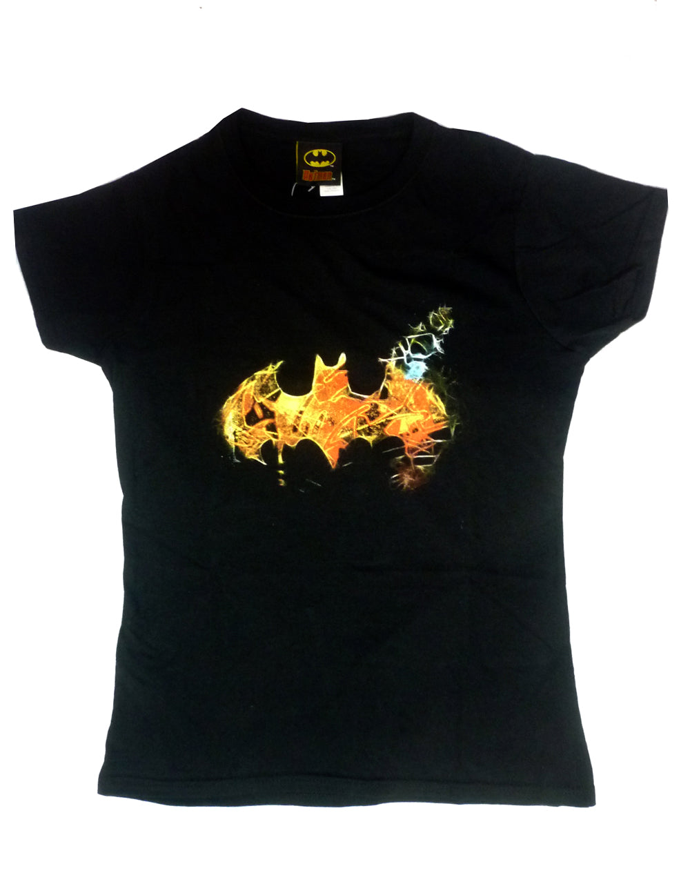 Batman saturated logo graphic on a black women's t-shirt.
