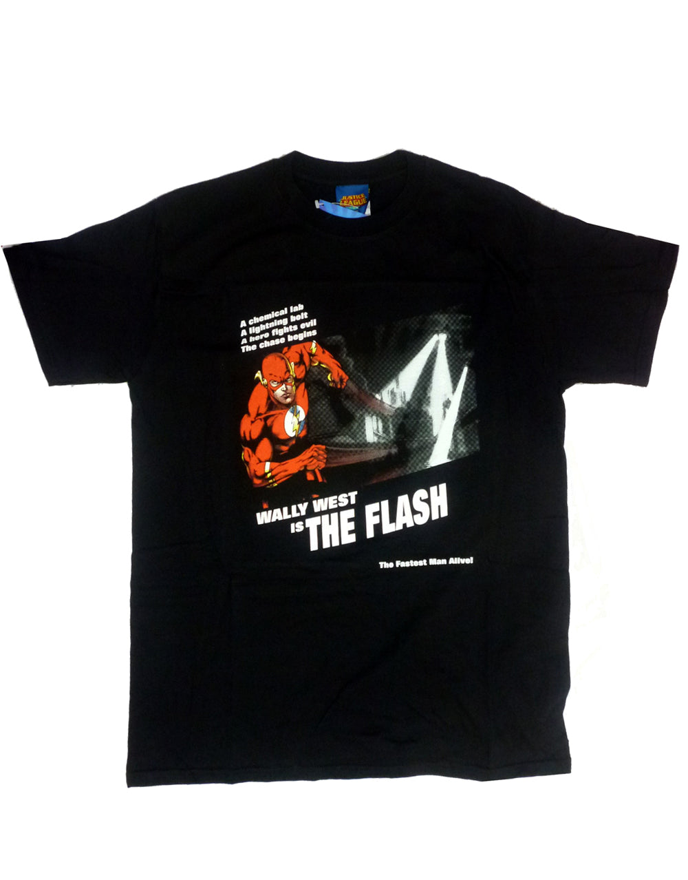 The Flash fugitive graphic on a black adult t-shirt.