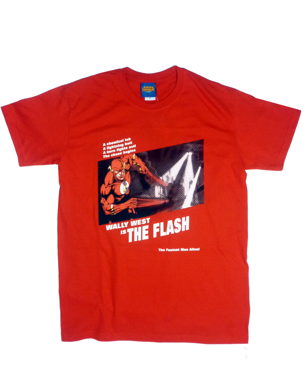 The Flash fugitive graphic on a red adult t-shirt.