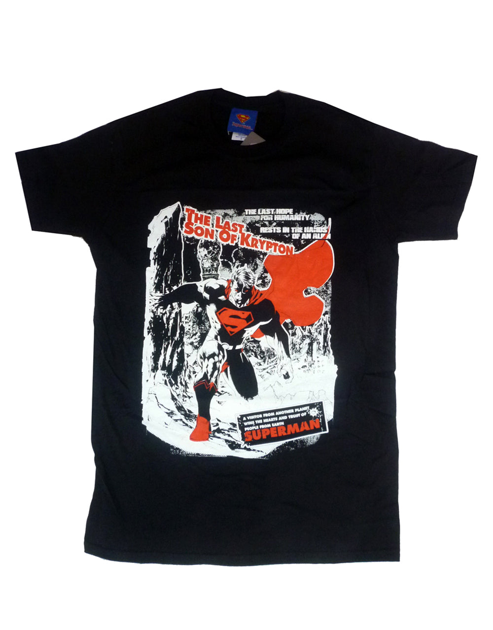 Superman the last son graphic on a black adult t-shirt.