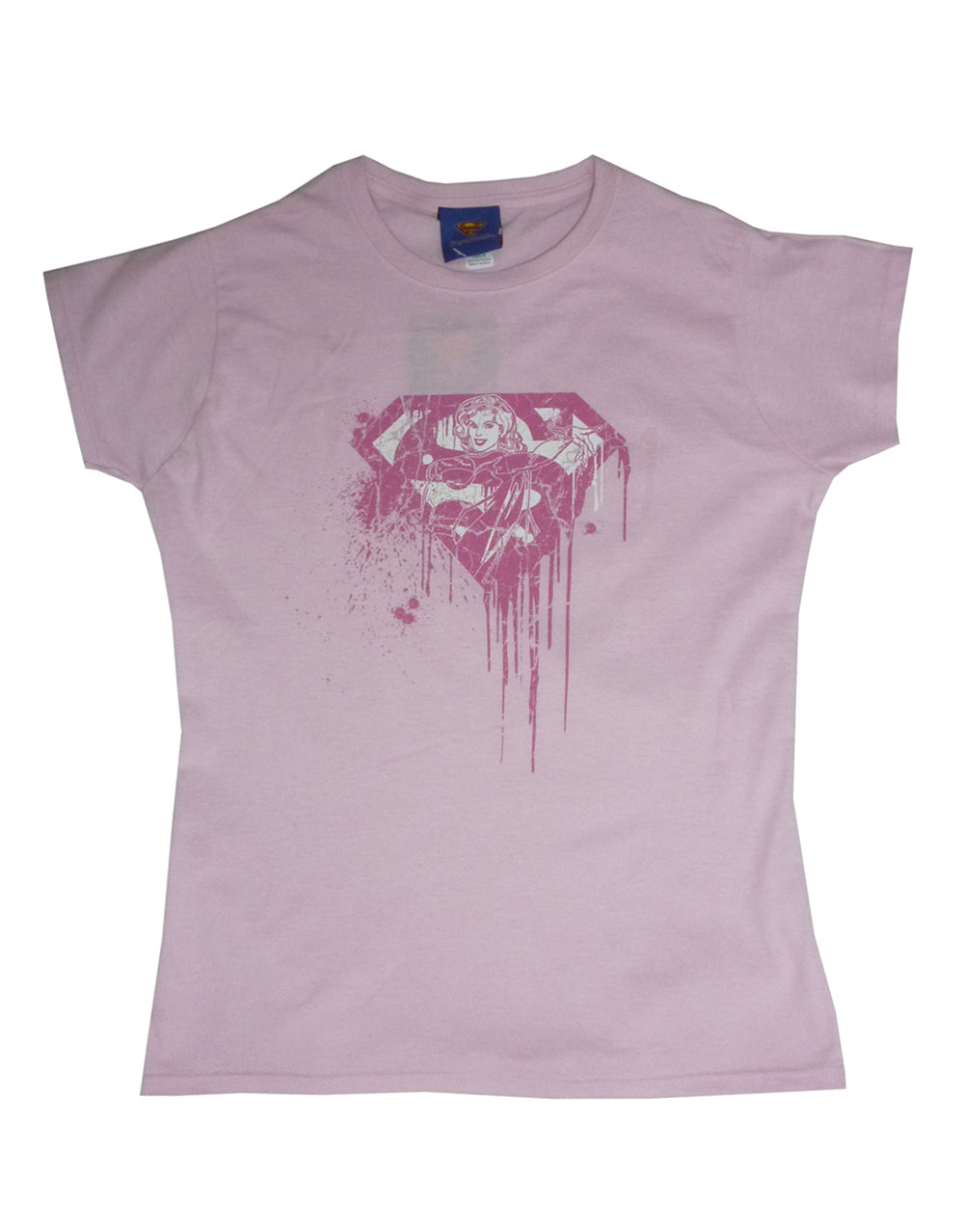 Supergirl graff graphic on a pink women's t-shirt.