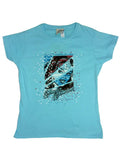 Wonder Woman Warhol graphic on a sky blue women's t-shirt.