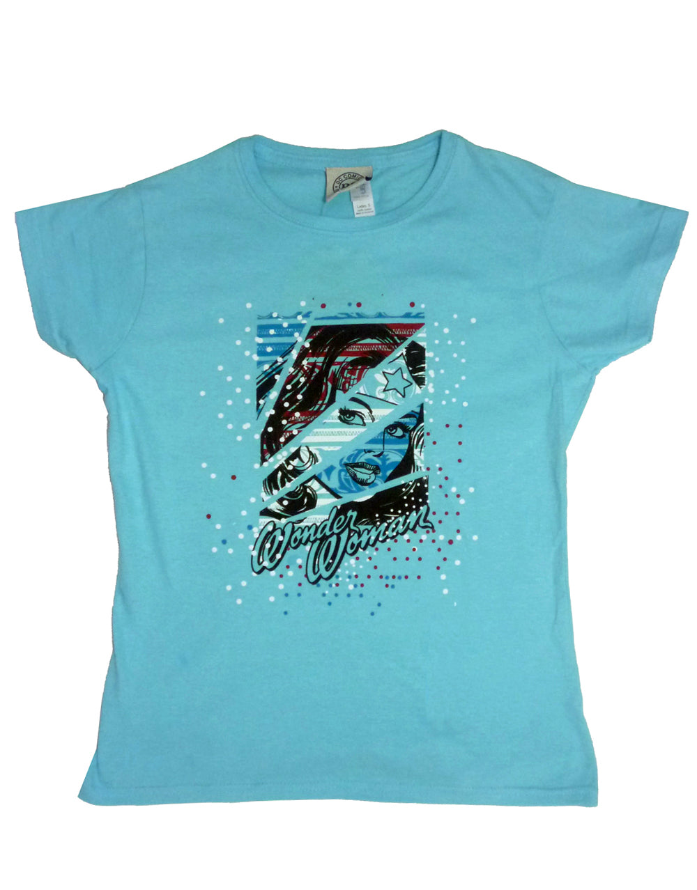 Wonder Woman Warhol graphic on a sky blue women's t-shirt.