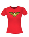 Wonder Woman symbol graphic on a red women's t-shirt.