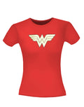 Wonder Woman foil symbol graphic on a red women's t-shirt.