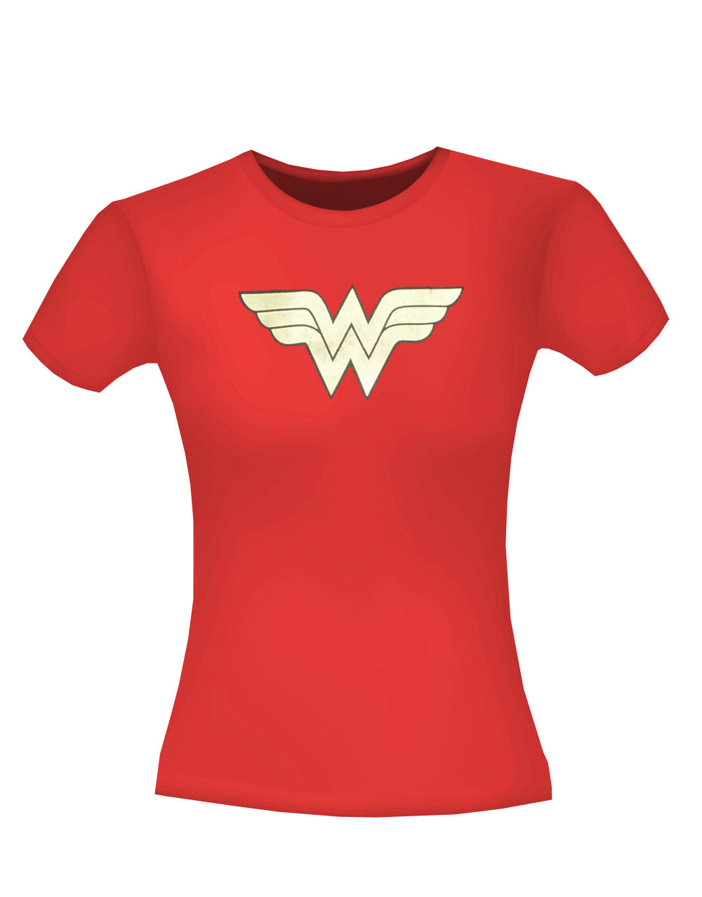 Wonder Woman foil symbol graphic on a red women's t-shirt.