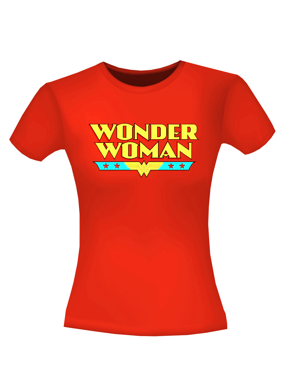Wonder Woman logo graphic on a red women's t-shirt.