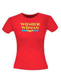 Wonder Woman logo foil graphic on a red women's t-shirt.