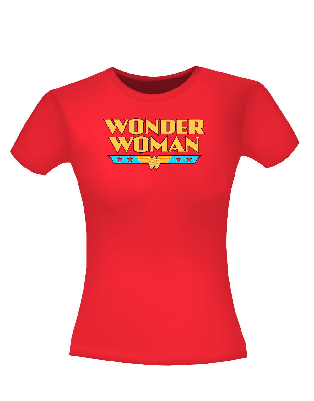 Wonder Woman logo foil graphic on a red women's t-shirt.