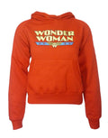 Wonder Woman foil logo graphic on a red women's hoodie.