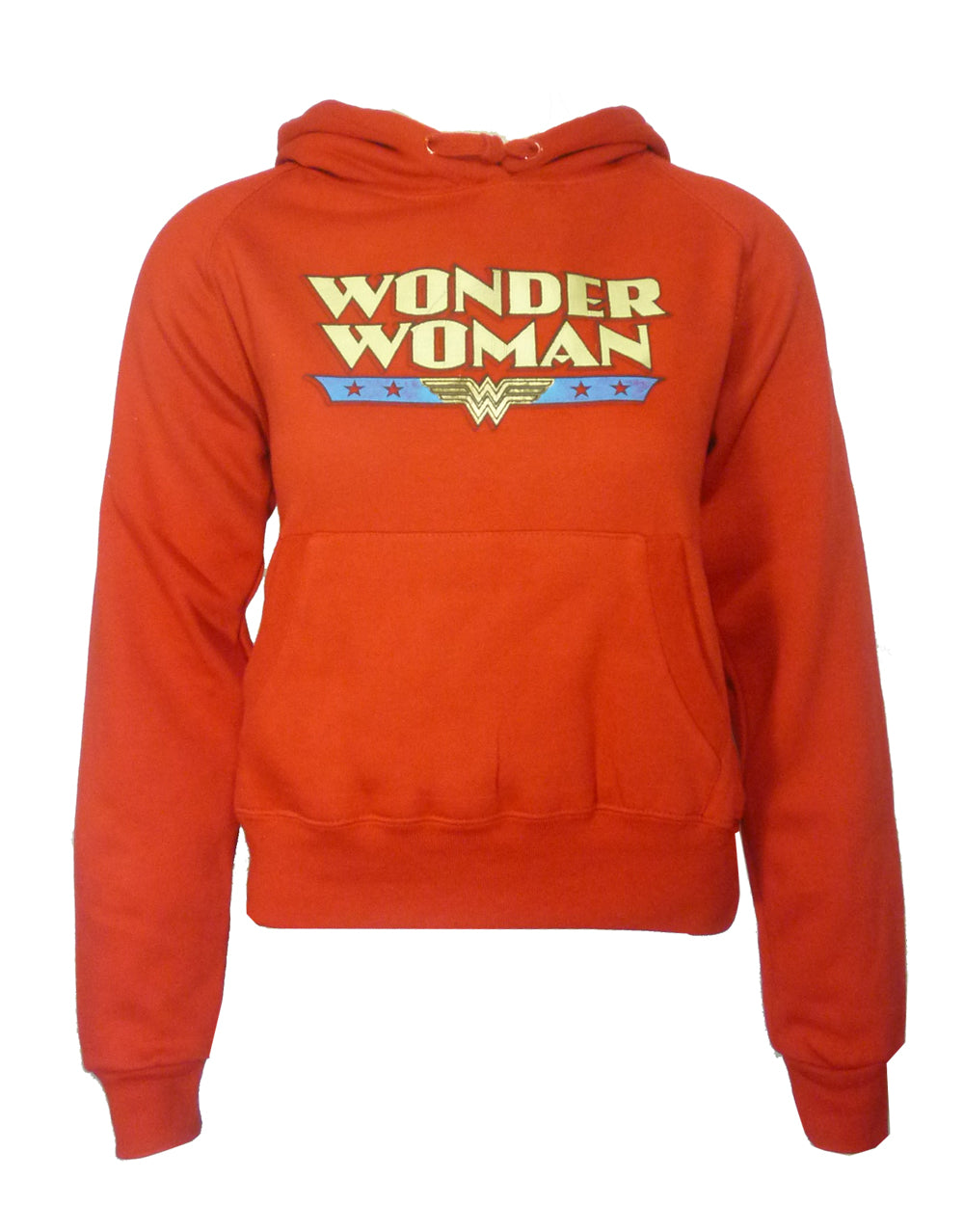 Wonder Woman foil logo graphic on a red women's hoodie.