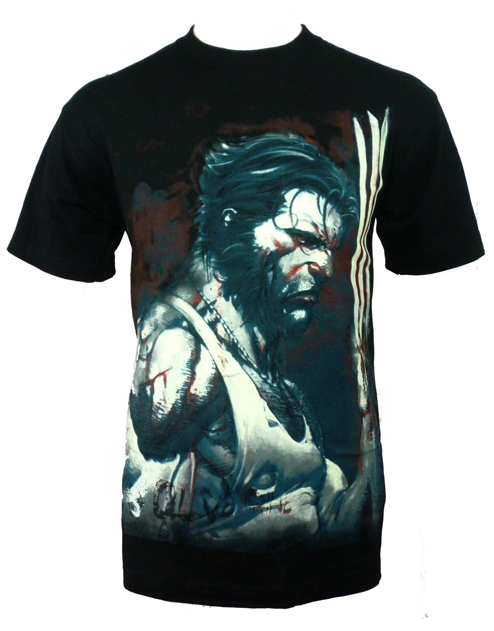 Wolverine x-men blood and steel graphic on a black adult t-shirt.