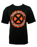 X-Men xavier institute graphic on a black adult t-shirt.