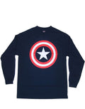 Captain America top shield graphic on a navy blue adult long sleeve top.