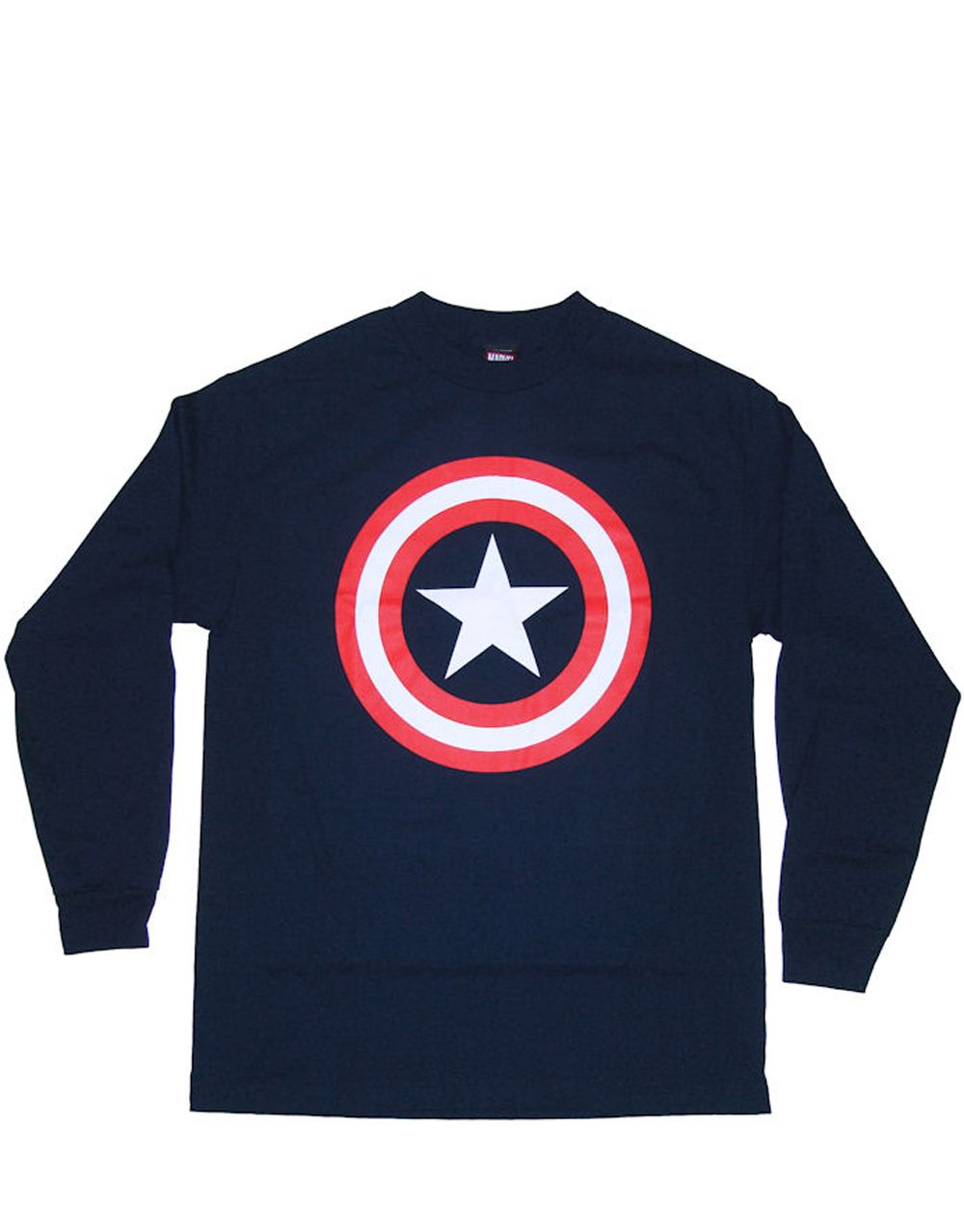 Captain America top shield graphic on a navy blue adult long sleeve top.
