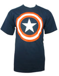 Captain America shield graphic on a navy blue adult t-shirt.