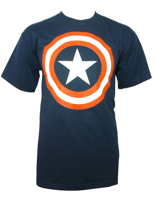 Captain America shield graphic on a navy blue adult t-shirt.