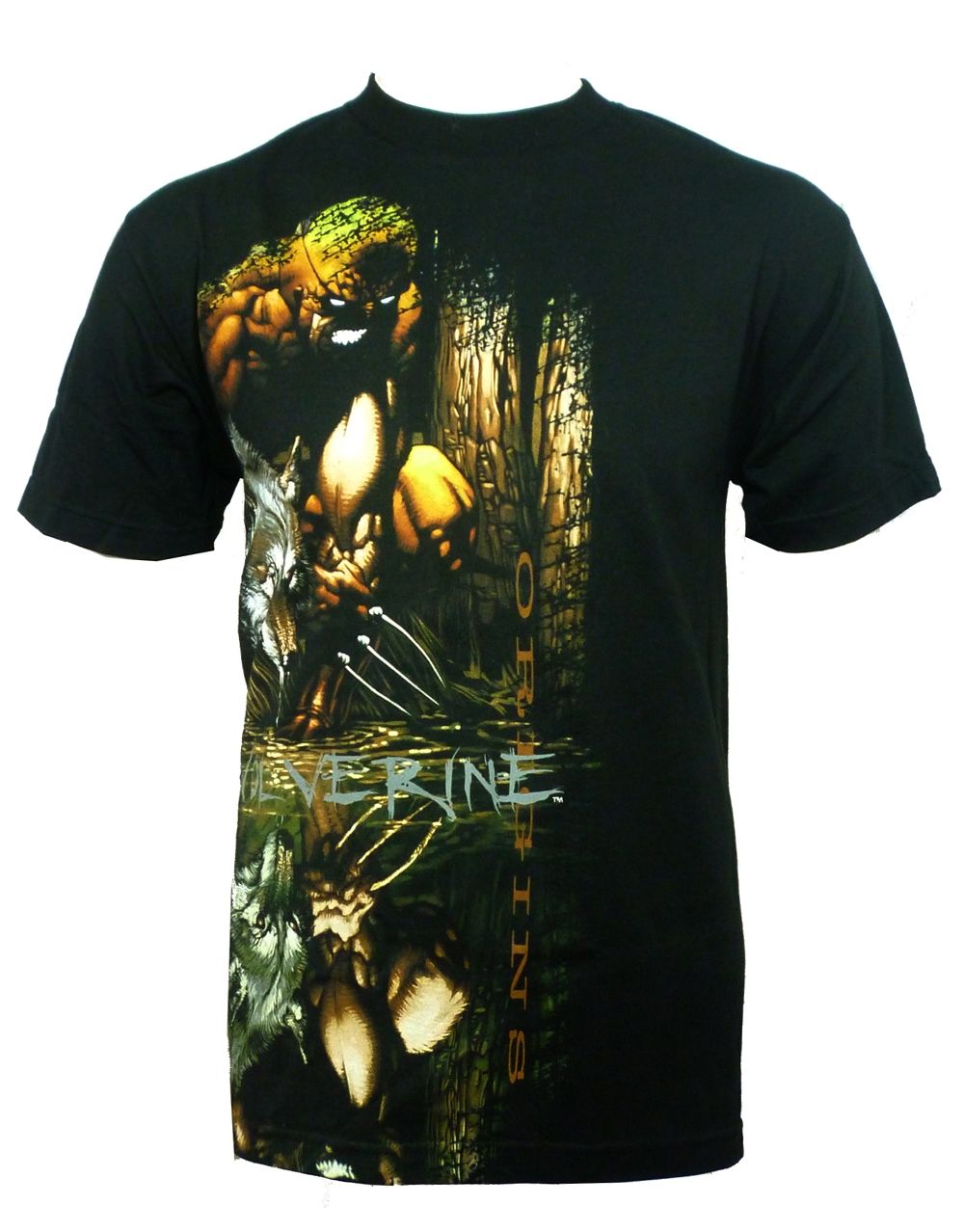 Wolverine x-men origins graphic on a black adult t-shirt.