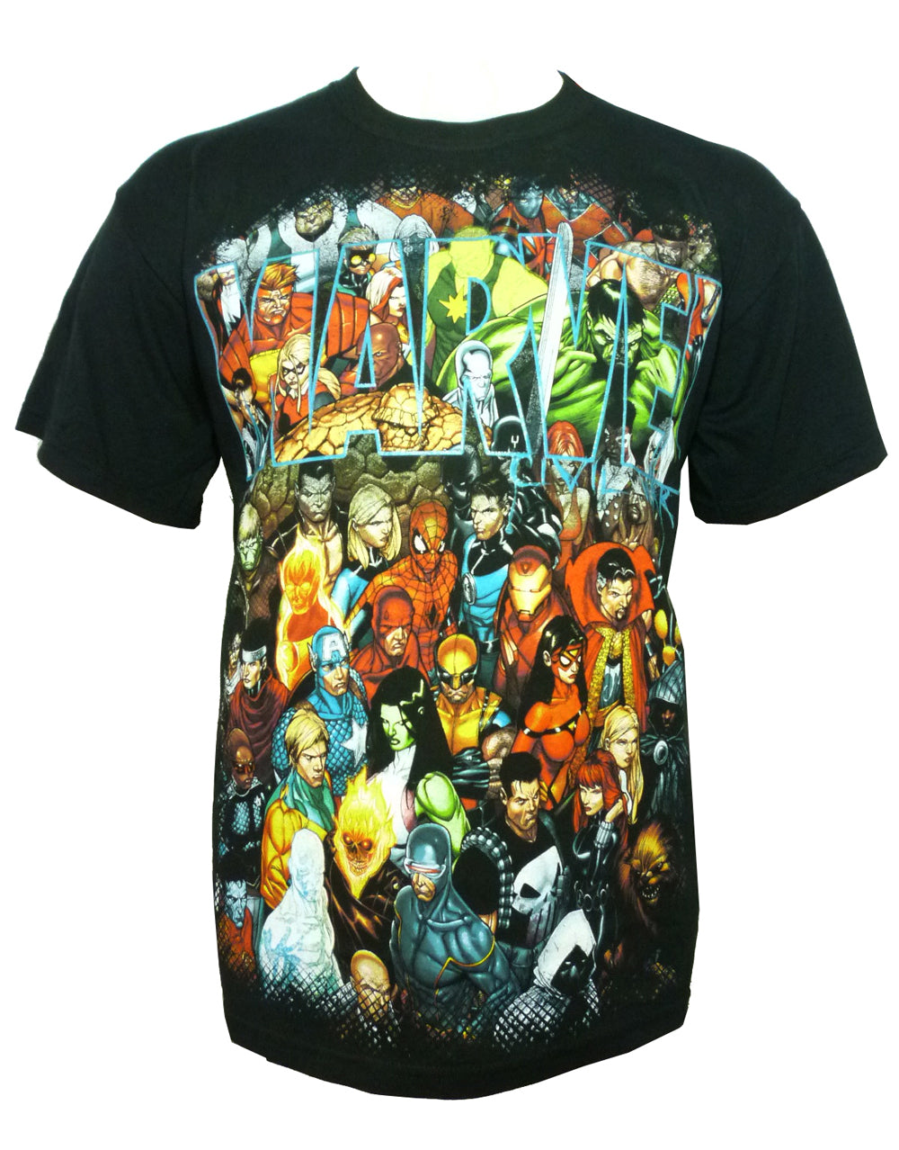 Marvel Avengers group shot graphic on a black adult t-shirt.
