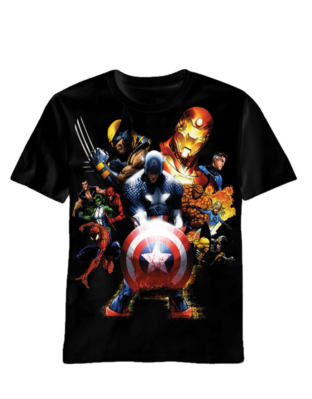 Marvel Avengers soldiers revenge graphic on a black adult t-shirt.