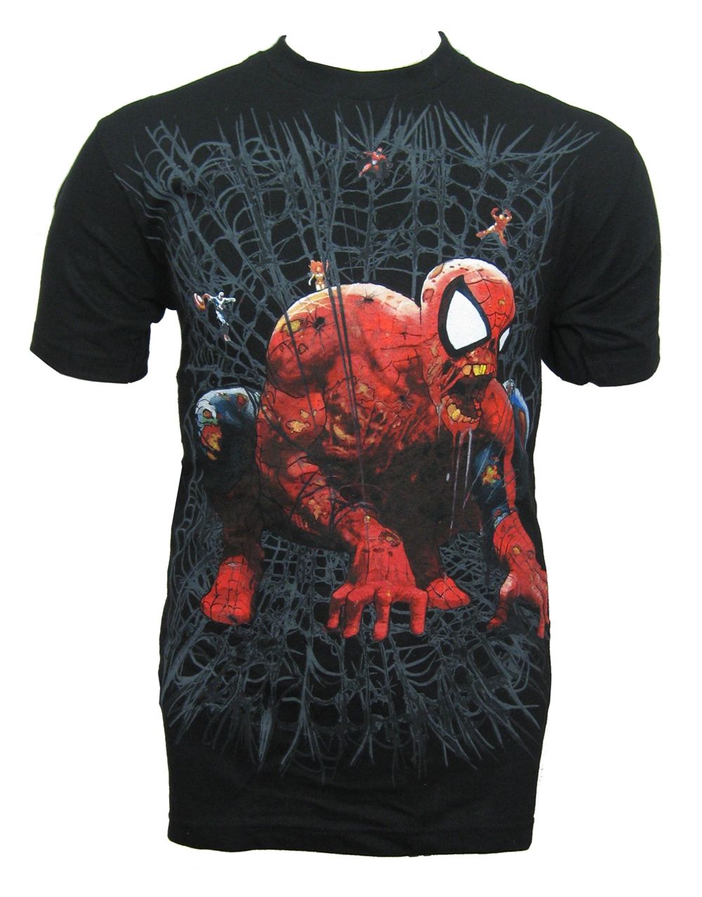 Marvel zombies Spider-Man web zombie graphic on a black adult t-shirt.