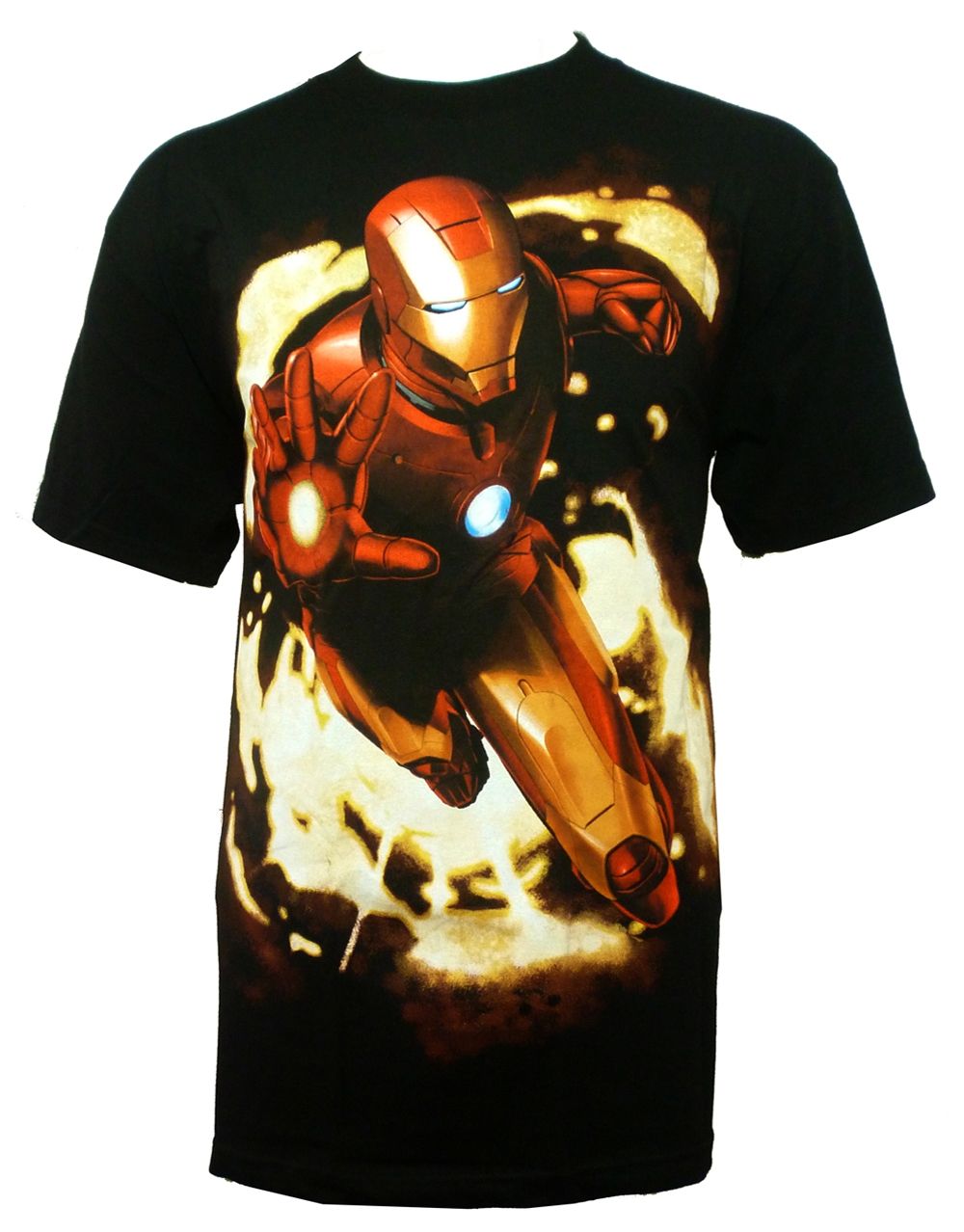 Iron Man palm shot graphic on a black adult t-shirt.