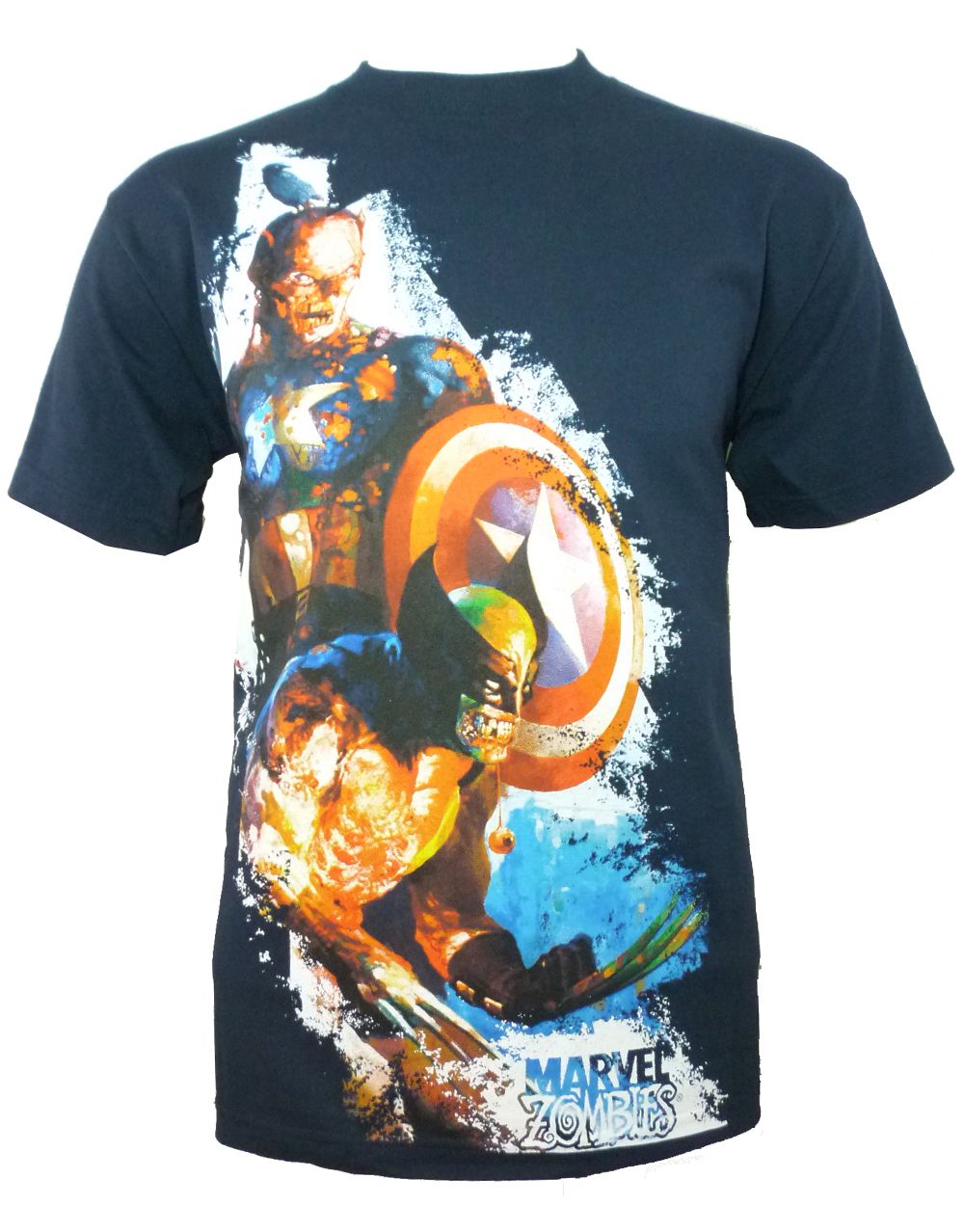 Marvel zombies Captain America Wolverine graphic on a navy blue adult t-shirt.