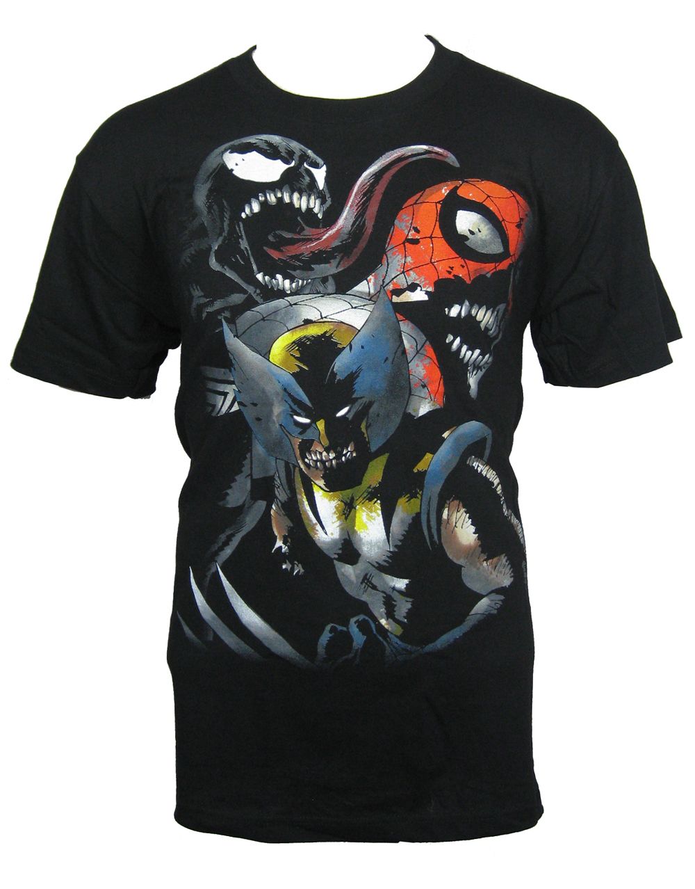 Marvel zombies Wolverine Venom Spider-Man graphic on a black adult t-shirt.